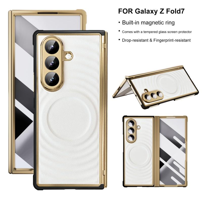 Case For Phone Yulin-003 Yellow For Samsung Galaxy Z Fold 7 Phone Case, Built-In Magnetic Ring, Fingerprint Resistant, With Tempered Glass, Leather Material