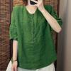 Johnature Women Vintage Solid Color T-Shirts O-Neck Half Sleeve Button Loose Summer Casual T-Shirts