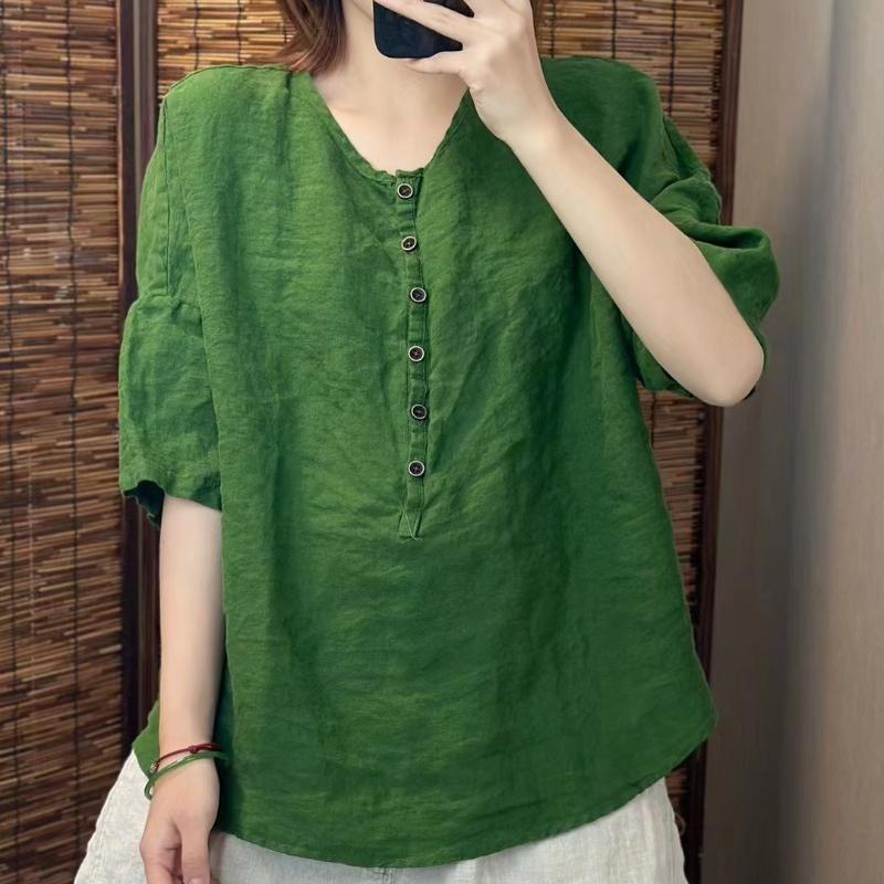 Johnature Women Vintage Solid Color T-Shirts O-Neck Half Sleeve Button Loose Summer Casual T-Shirts