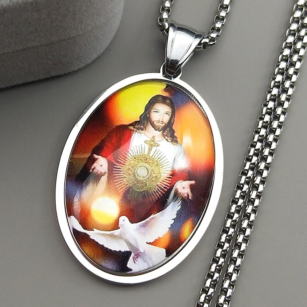 Christian Jesus Dove Glass Pendant Necklace for Women Men Stainless Steel Gold Silver Color Religion Faith Amulet Jewelry Gift
