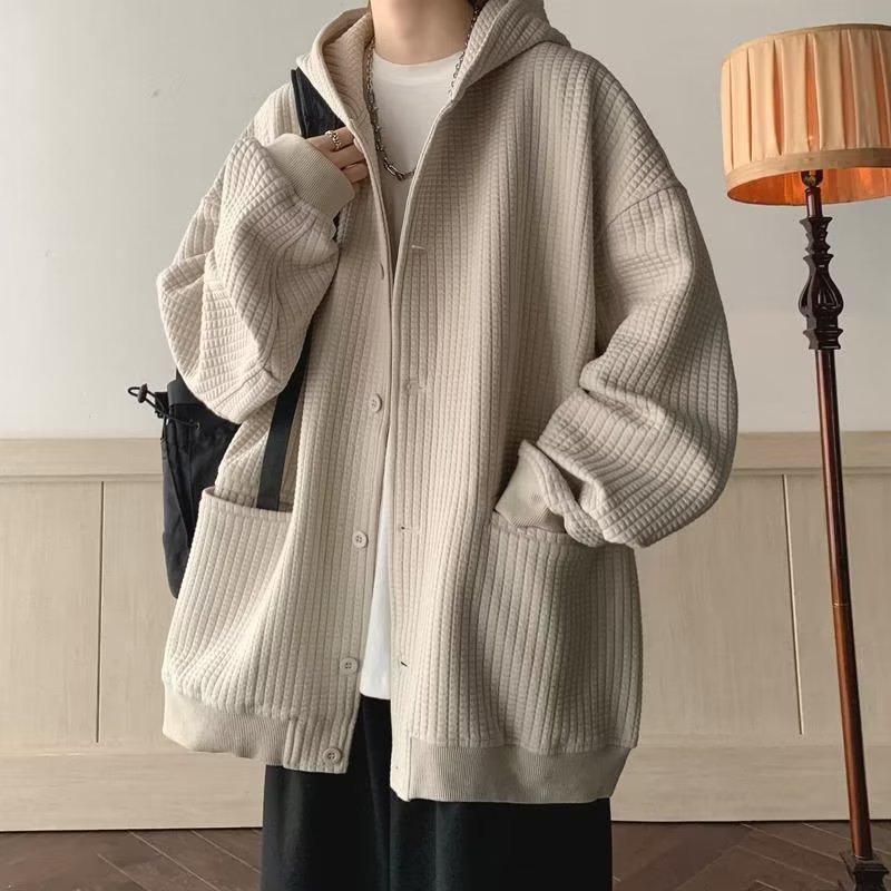 Japanese Style Hooded Open Cardigan Sweatshirt Men's Spring Autumn Heavy Pure Color Loose Trendy Jacket Couple Outerwear