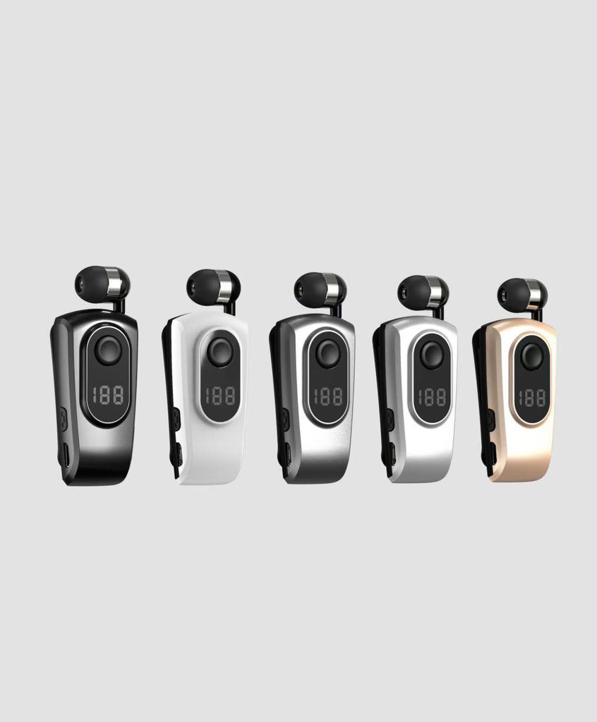 Clip-On Bluetooth Headset with Digital Display, Stereo Sound, Long Battery Life, and Retractable Cable