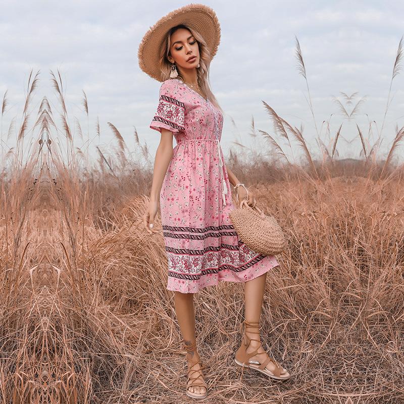 Summer Vintage Idyllic Pink Slim V-Neck Floral Dress
