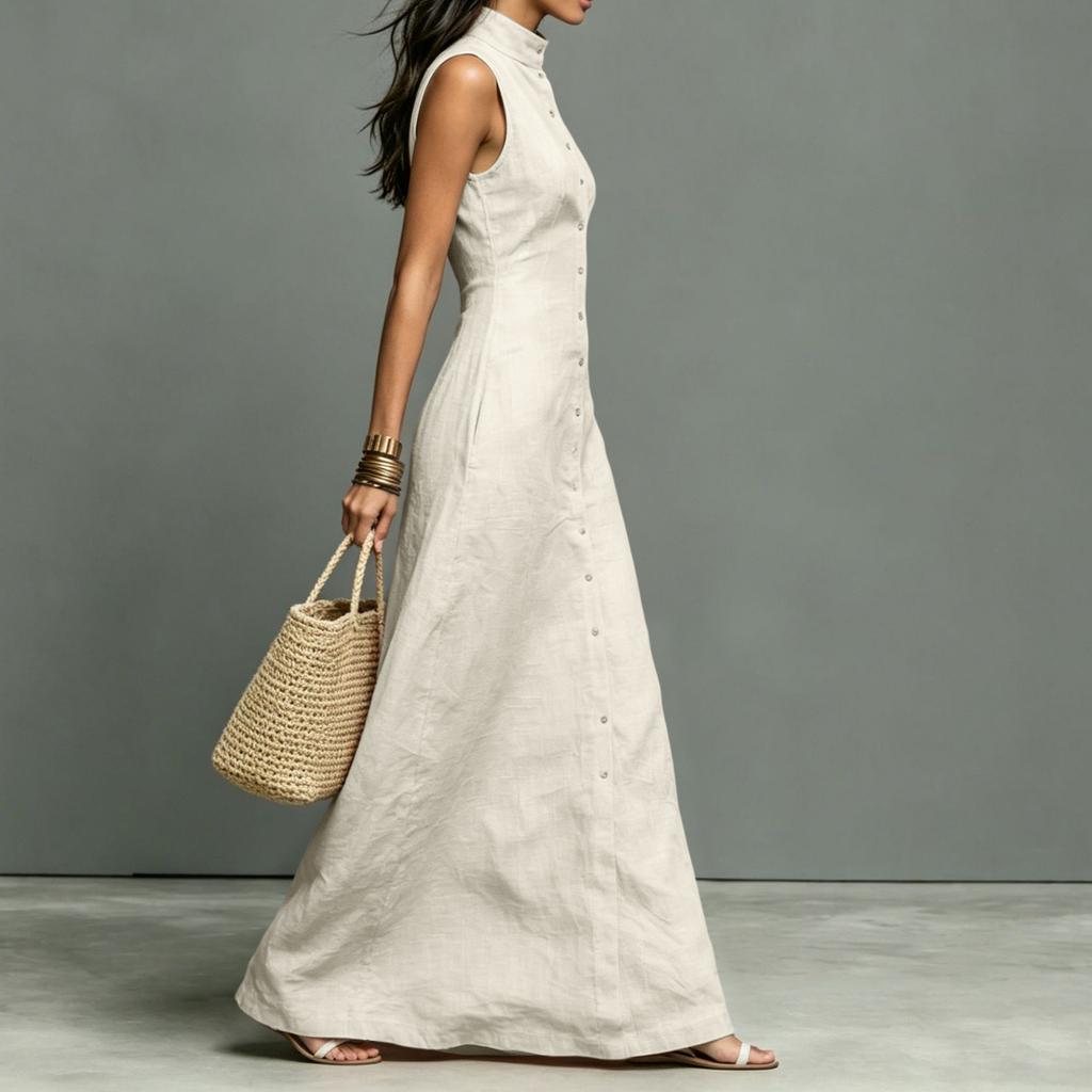 Vestido Maxi sin Mangas con Cuello Alto y Cierre de Botones de una Sola Fila de Longitud Larga Casual de Verano para Mujer