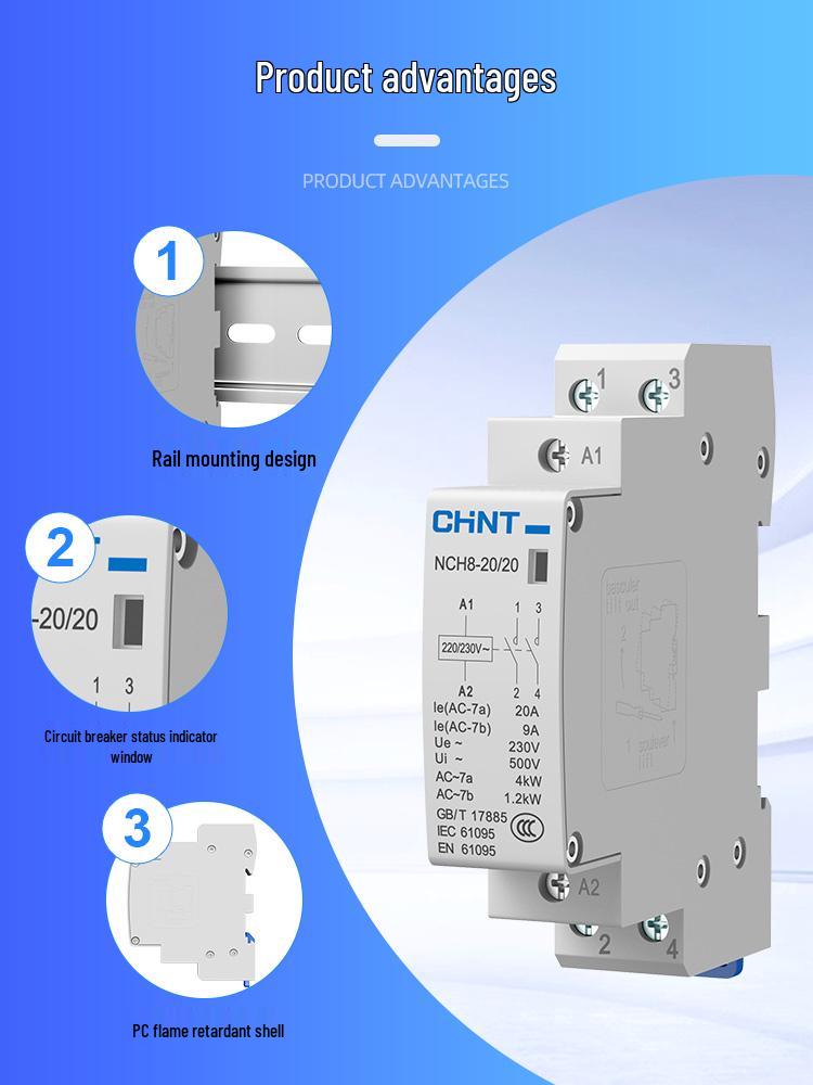 Chint NCH8-20/20 Silent AC Contactor, Single-Phase, 220V, 24V DIN Rail Mount