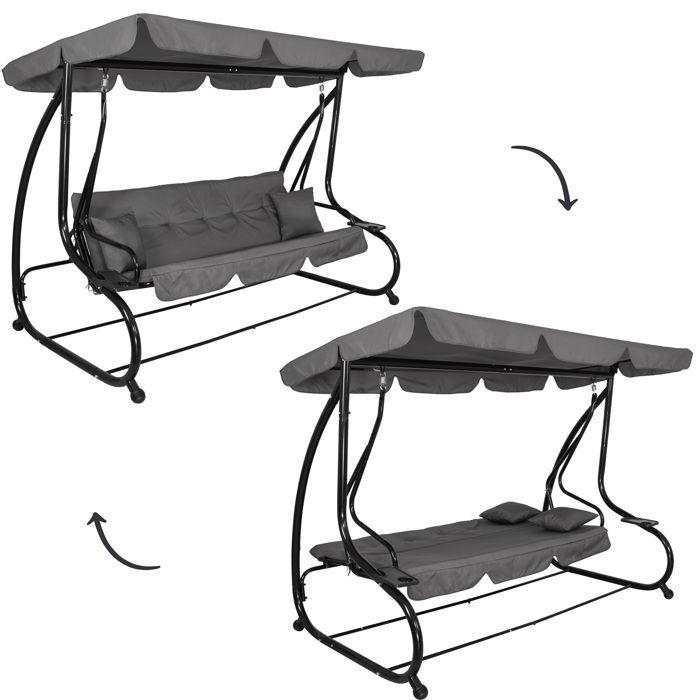 Balancelle de jardin - Springos - 4 places - Noir - Toit inclinable - Avec coussins et porte-gobelets