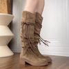 Fashion Round Toe Tassel Half High Boots for Women Spring Autumn Elegant Heeled Mid Calf Shoes Woman Comfortable Gyaru Goth Luxury Boot