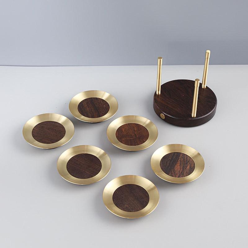 Elegant Copper Wood Tea Coaster Set 6pcs Modern Chinese Style Heat Resistant Wooden Cup Mat Ceremony