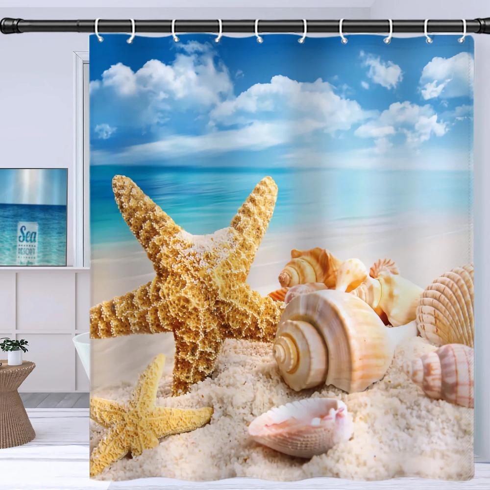 

Starfish Beach Pattern Bath Curtain Waterproof Anti-Mold Shower Curtain Bathroom Dry Wet Separation Partition with Hooks 180*180cm