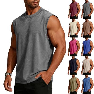Men Cotton Sleeveless Tank Top Classic American Style Crew Neck Washed Casual Muscle Fit Vest Shirt