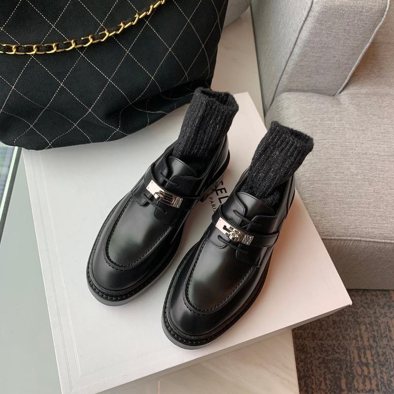 Cowhide Version~ Thick-soled Height Increase of 6cm Women's Genuine Leather British Silver Buckle College Style Small Leather Shoes