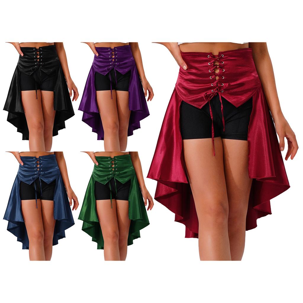 S-3XL Womens Gothic Steanpunk Satiny Skirt Front Eyelets Lace-up High-low Hem Tiered Ruffled Irregular Hem Skirt Waist Belt
