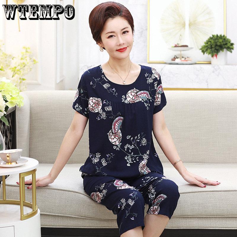 WTEMPO Sommer Mutter Zwei-stück Set Große Größe Großmutter Kleidung Kurzen ärmeln T-shirt Hosen Set Home Wear