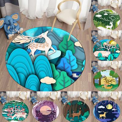 Floor Mat Living Room Rug Children's Crawling Play Area Mat Anime Carpet Door Mat Forest Fawn Round Rug