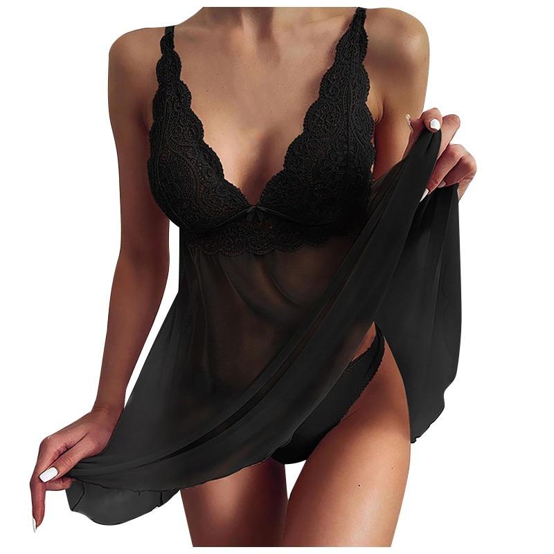 

Женская мода сексуальный кружевной сексуальный слинг ночная рубашка однотонное нижнее белье XXXL чёрный