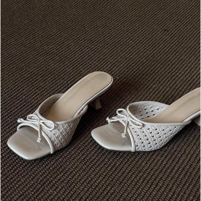 Fashion New Women's Summer Butterfly-knot Slippers Street Style Square Toe Thick Heel Dress Shoes Outdoor Ladies Slides Zapatos Mujer