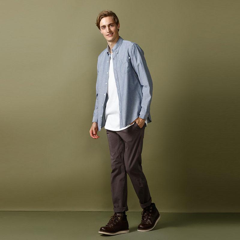 Timberland Solid Color Breathable Comfortable Fashion Single Button Pointed Collar Long Sleeve Shirt Men shirts Dark-Blue A1UI3-B68