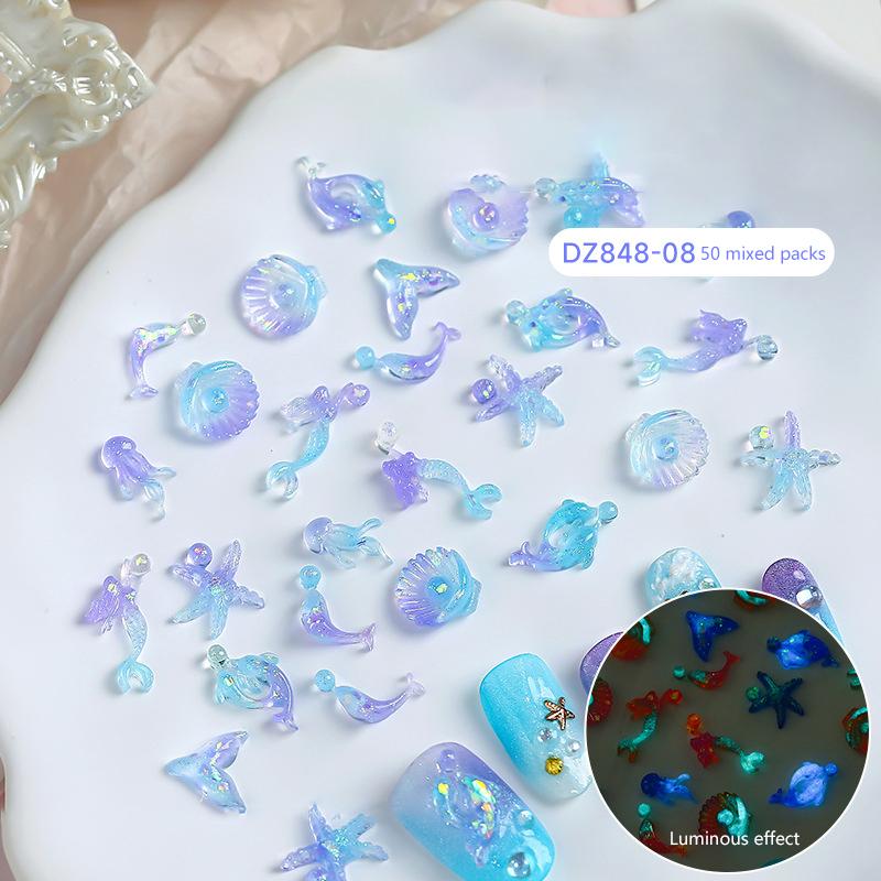 

50 шт. 3D океанские подвески для ногтей летние морские звезды ракушки украшения для ногтей смоляные светящиеся градиентные аксессуары для ногтей принадлежности