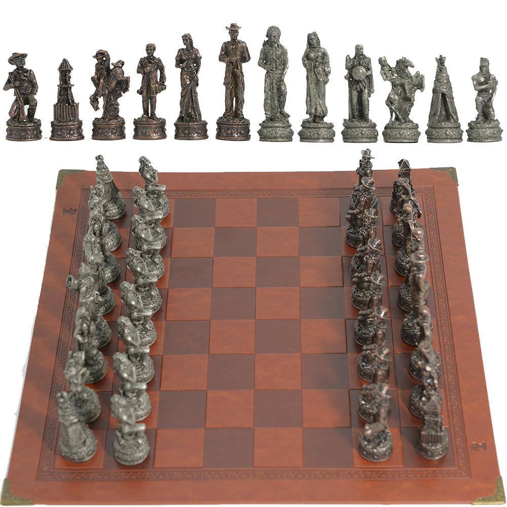Nou Set de Șah Metalic cu 32 de Piese cu Personaje Tematice, Tablă de Șah din Piele Artificială, Joc de Masă, Set de Jucării de Petrecere Multiplayer
