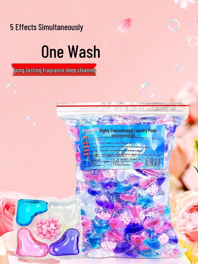 100-piece pack of five-in-one laundry pods with fragrance, softening, stain removal, and five-chamber design.