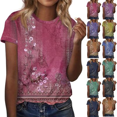Moda feminina casual manga curta flor estampado em torno do pescoço pulôver blusa superior
