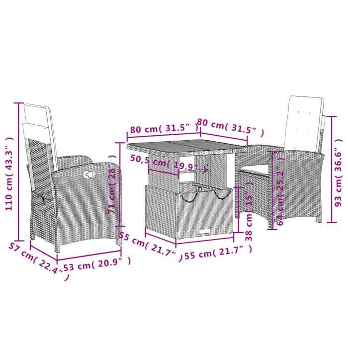 VidaXL Ensemble à Manger de Jardin avec Coussins 3 pcs, Table de Terrasse, Meubles de Patio, Mobilier d'Extérieur, Beige 3277361