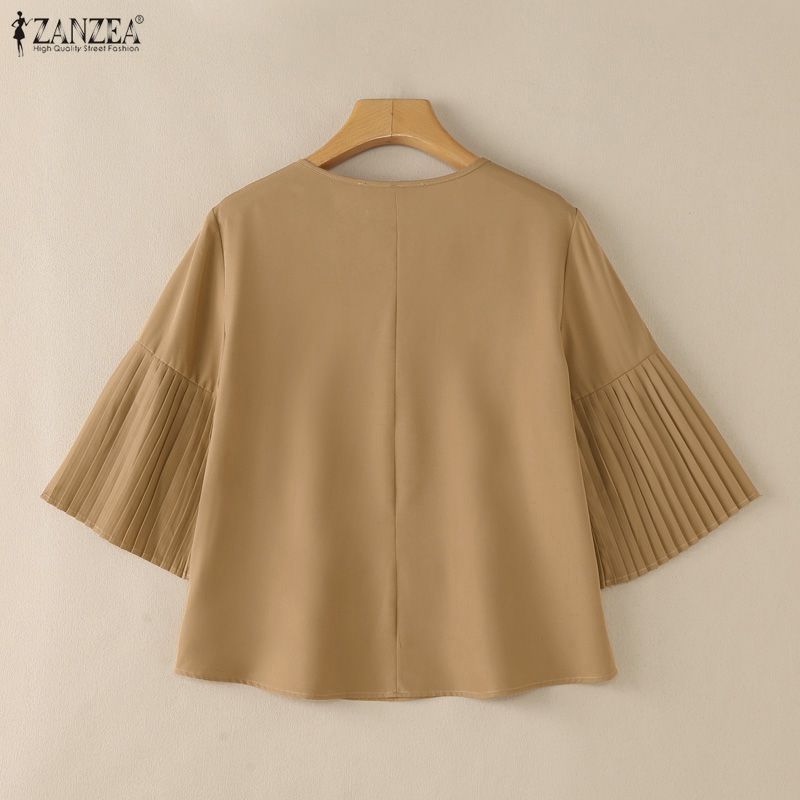 ZANZEA Women Casual Round Neck Solid Color 3/4 Sleeve Loose Blouse