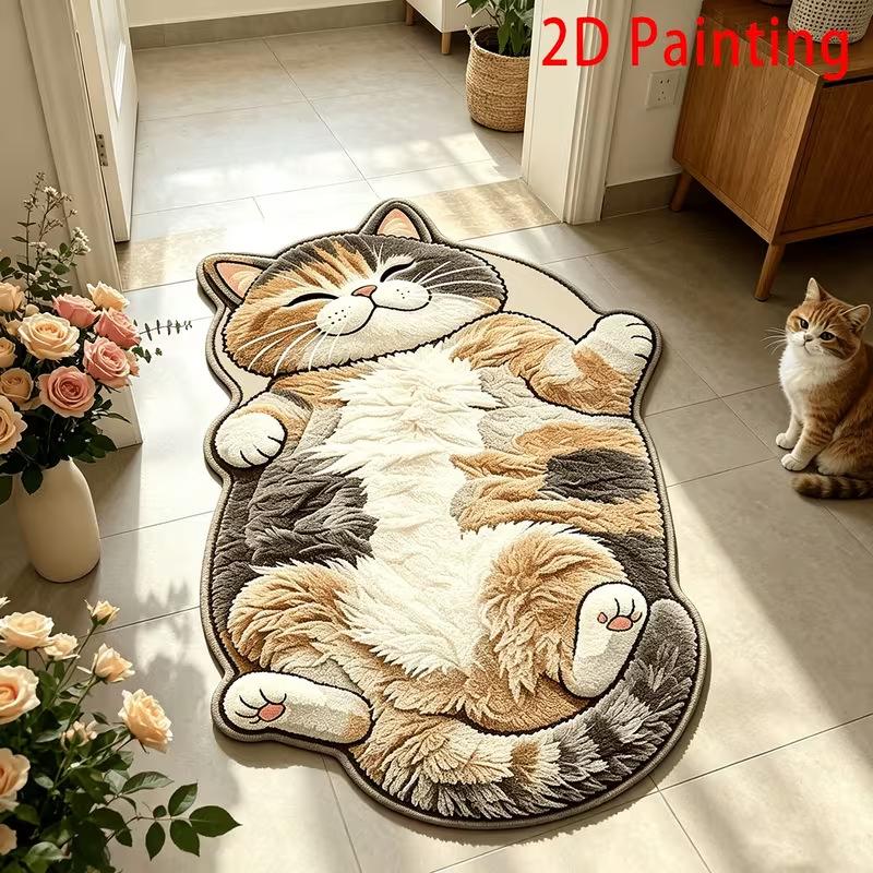 Lying Tabby Cat Shaped Non Slip Floor Mat Soft Water Absorbent Bathroom Bedroom Entrance Home Decor Rug