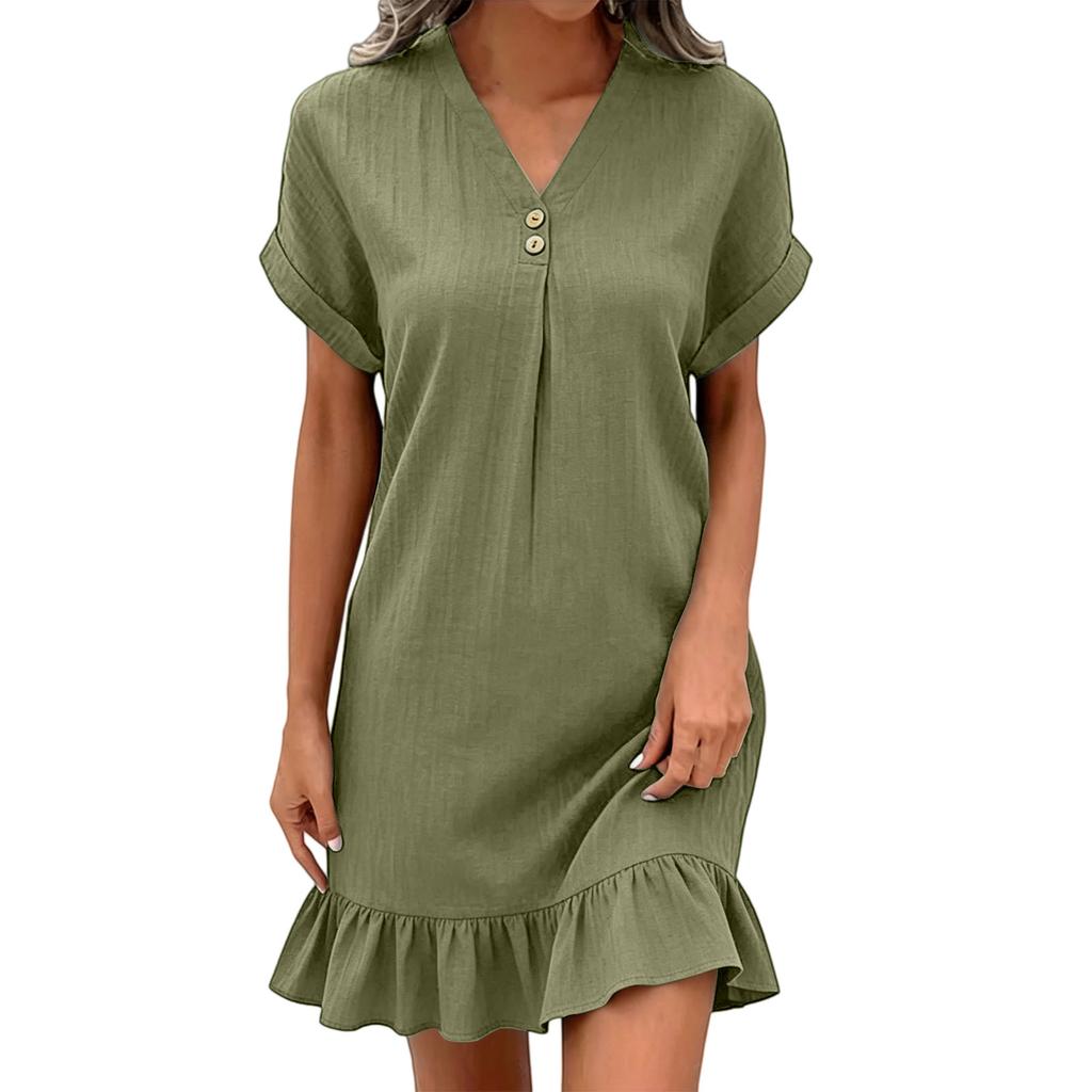 Women's Casual Pullover Dress V Neck Short Sleeve Button Detail Relaxed Fit Ruffle Hem Lightweight Fabric Summer Vacation Dress