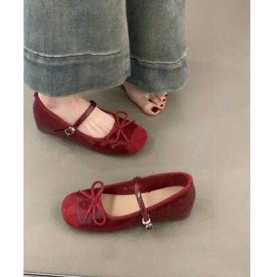 Red Inner Height Increase Mary Jane Shoes Women's Flat-bottomed Shallow Mouth Ballet Shoes One-word Belt Grandma Shoes