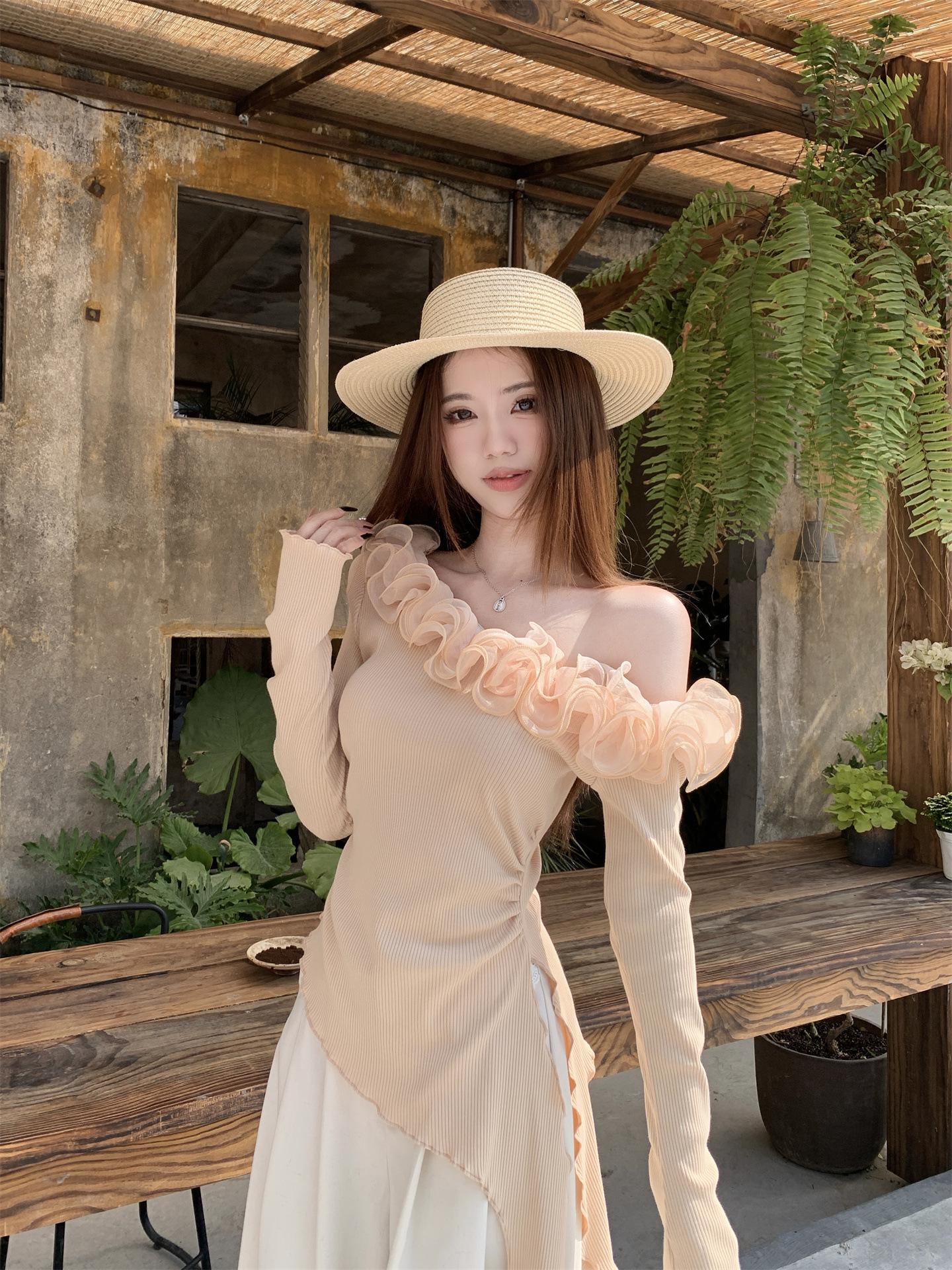 Korean Style Off-Shoulder Petal Top & High-Waisted Wide-Leg Pants Set for Women S