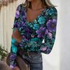 Women's Casual V-Neck Vintage Print Long Sleeve Ribbed Top for Fall and Everyday Wear