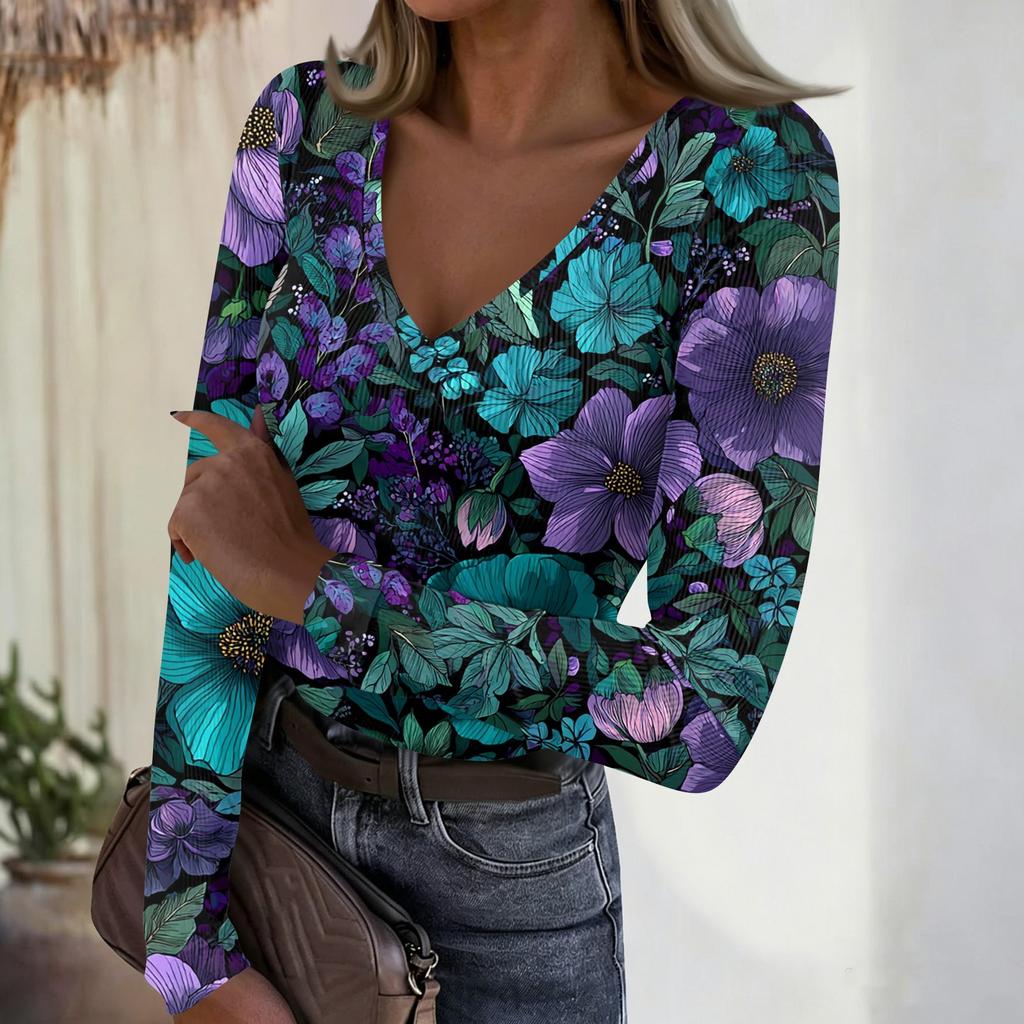 Women's Casual V-Neck Vintage Print Long Sleeve Ribbed Top for Fall and Everyday Wear