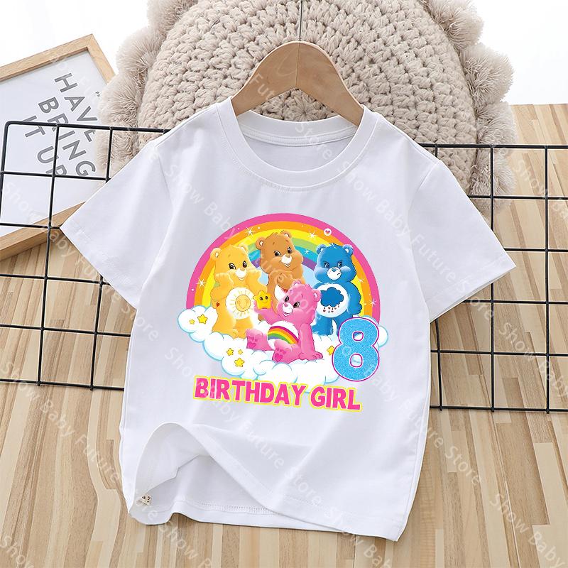 Summer Cartoon Care Bears Party White T Shirt for Girls Cute Cotton Birthday Number Tee Shirt Printed Clothes Anime Tops Gifts
