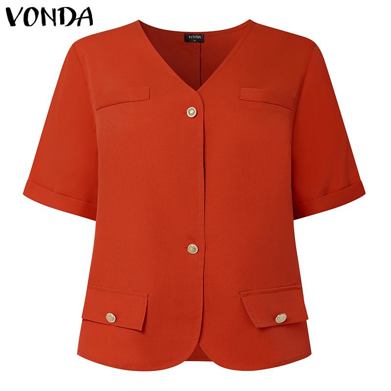 VONDA Women V Neck Short Sleeve Buttons Up Casual Elegant Cropped Blouse