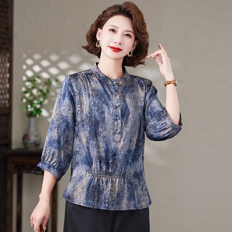 

Летняя шифоновая футболка 2025 года с рукавами три четверти для женщин среднего и пожилого возраста 2XL