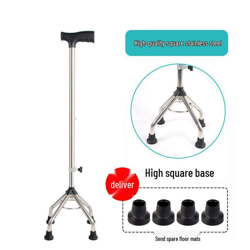 Adjustable Non-Slip Four-Legged Cane for Seniors - Lightweight Stainless Steel Walking Stick