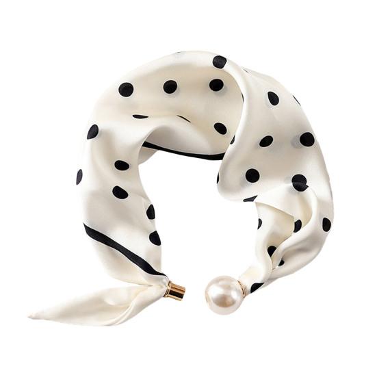 Women Silk Scarf Striped Leopard Dot Print Silk Scarf Necklace with Faux Pearl Magnetic Buttons Formal Wear Accessories