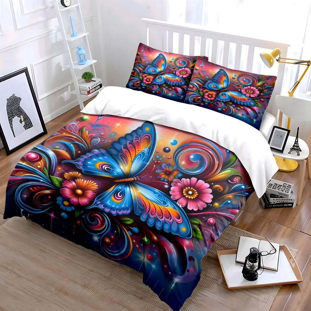 Colorful Butterfly Floral Design Bedding Duvet Cover Set (1*Duvet Cover 2*Pillowcases, Without Duvet Insert)