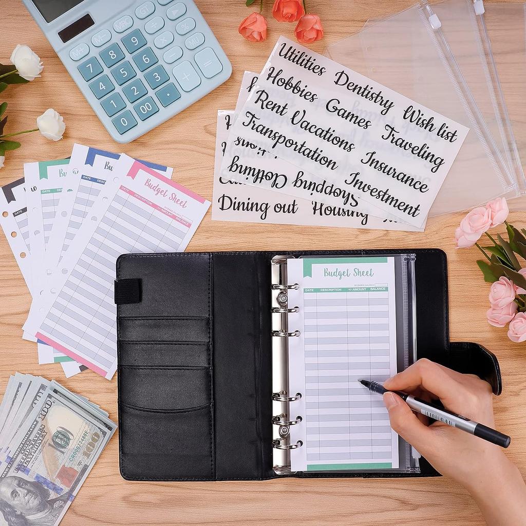 A6 Budget Binder with Cash Envelope Savings Book Budget Planner PU Leather Laptop Binder with Binder Pocket Cash Fill Folder
