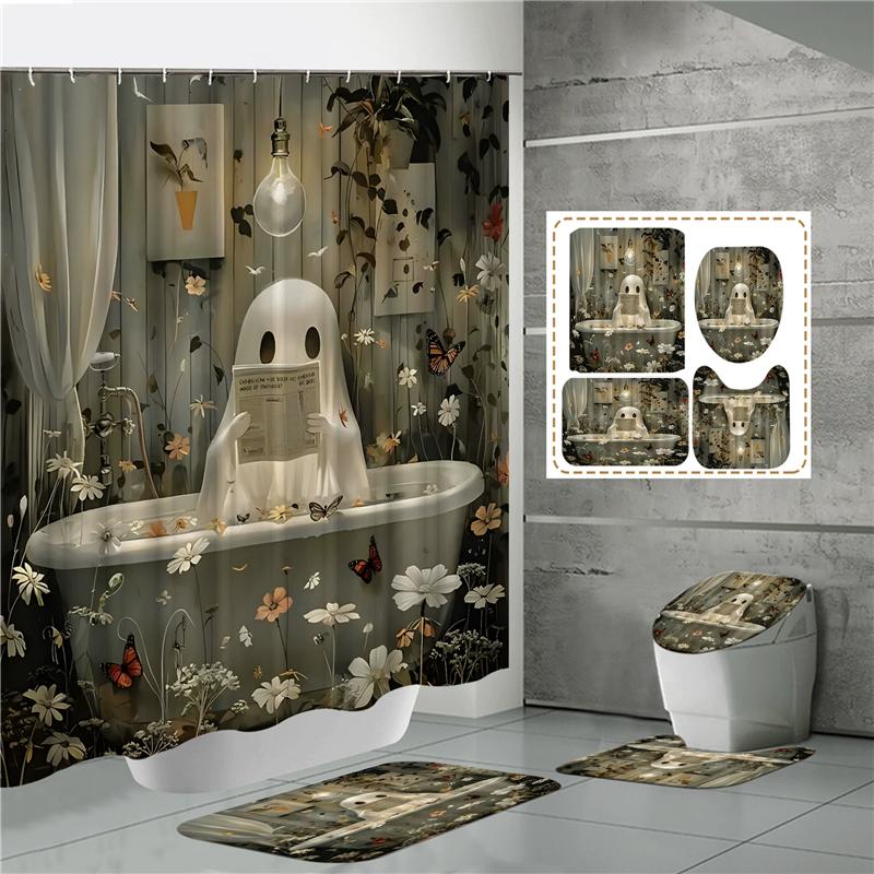HOT Halloween Ghost Pumpkin Skull Shower Curtain Set with Non-Slip Rugs Toilet Lid Cover and Bath Mat Washable Trick or Treat