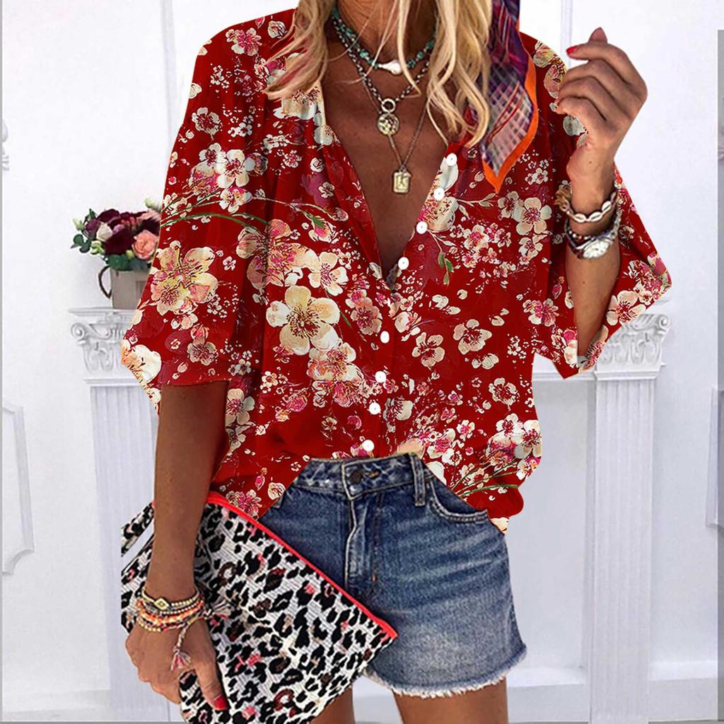 2023 Summer Autumn New Fashion Women's Tops Orange Plum Printed Half Sleeve Casual Plus Size Button-down Shirt with Bubble Sleeves