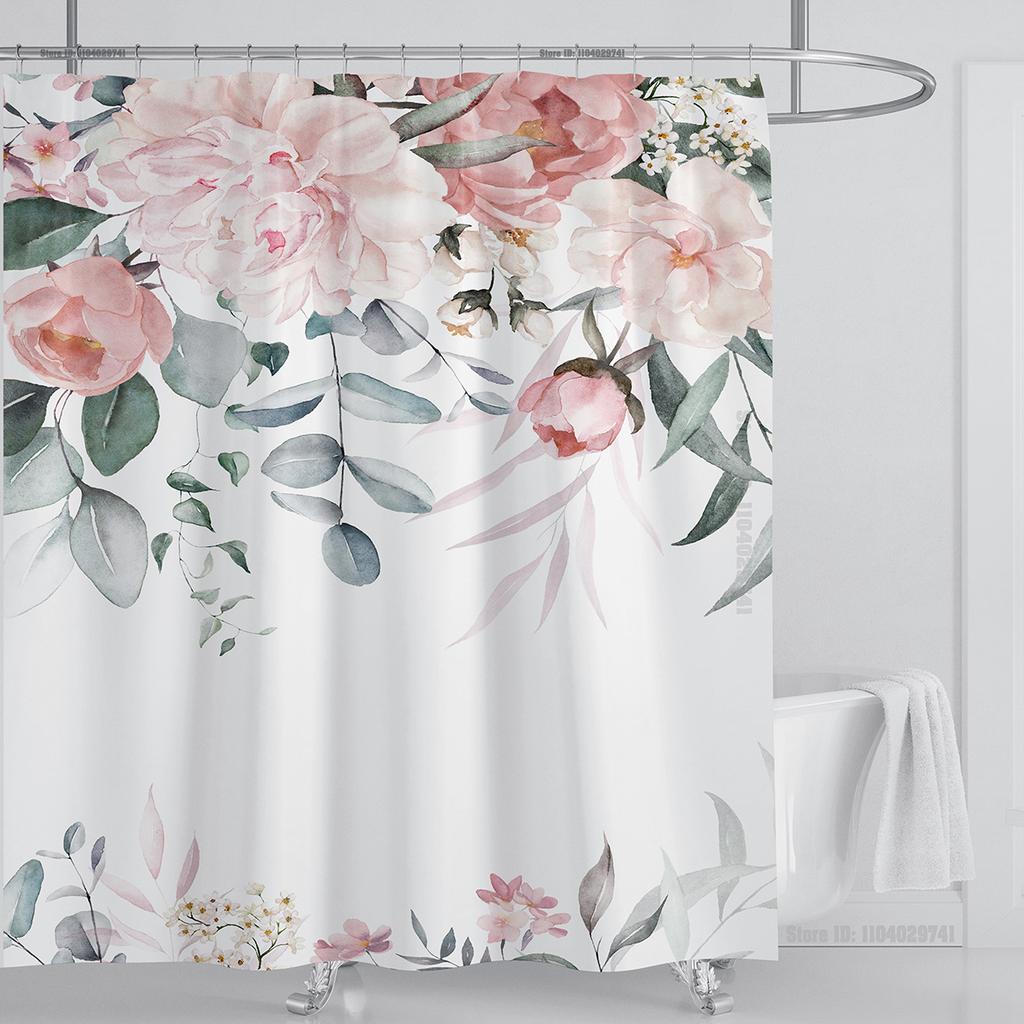 Watercolor Leaves on The Top Plant with Floral Bathroom Greenery Leaf Decoration Watercolor Botanical Shower Curtain with Hooks