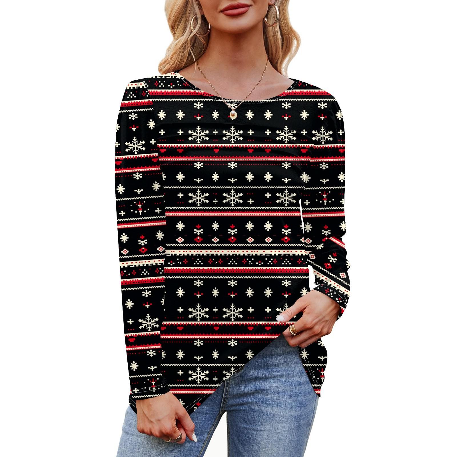 

Женская футболка с круглым вырезом и длинными рукавами с принтом рождественской елки и снежинки S