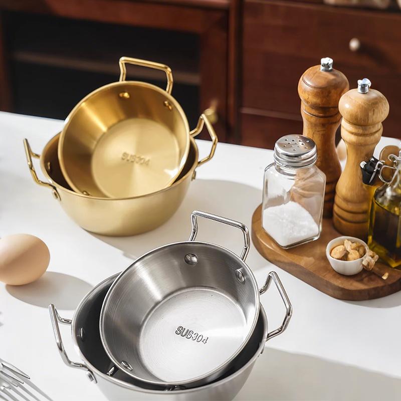 1pc Korean Style Salad Bowl 304 Stainless Steel Golden/Silver Instant Noodle Bowl with Double Handle Snack and French Fry Bowl