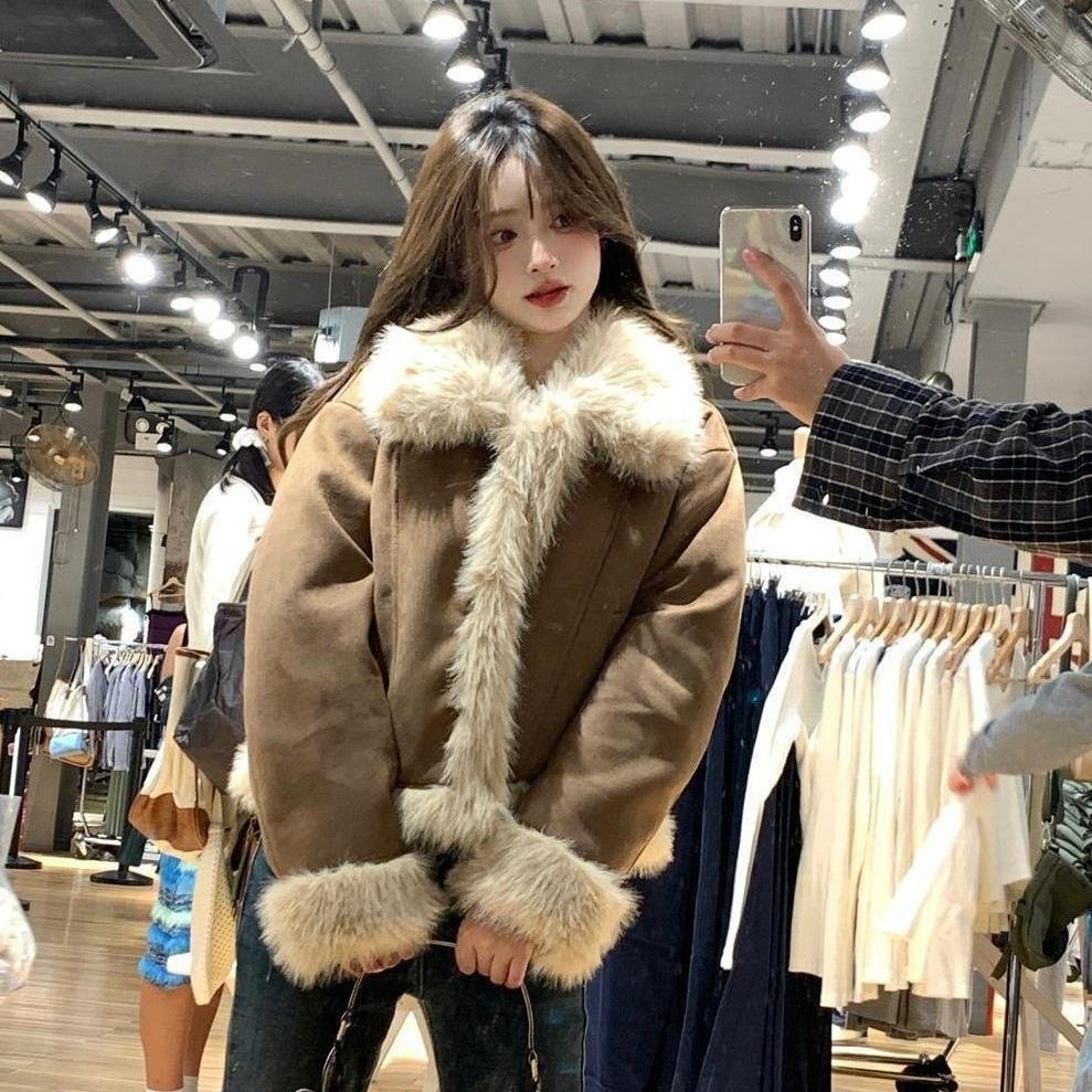 Retro Denim Jacket Imitation Fox Hair Suede Short Women's Small Thin Cotton-padded Clothes Autumn and Winter Tops