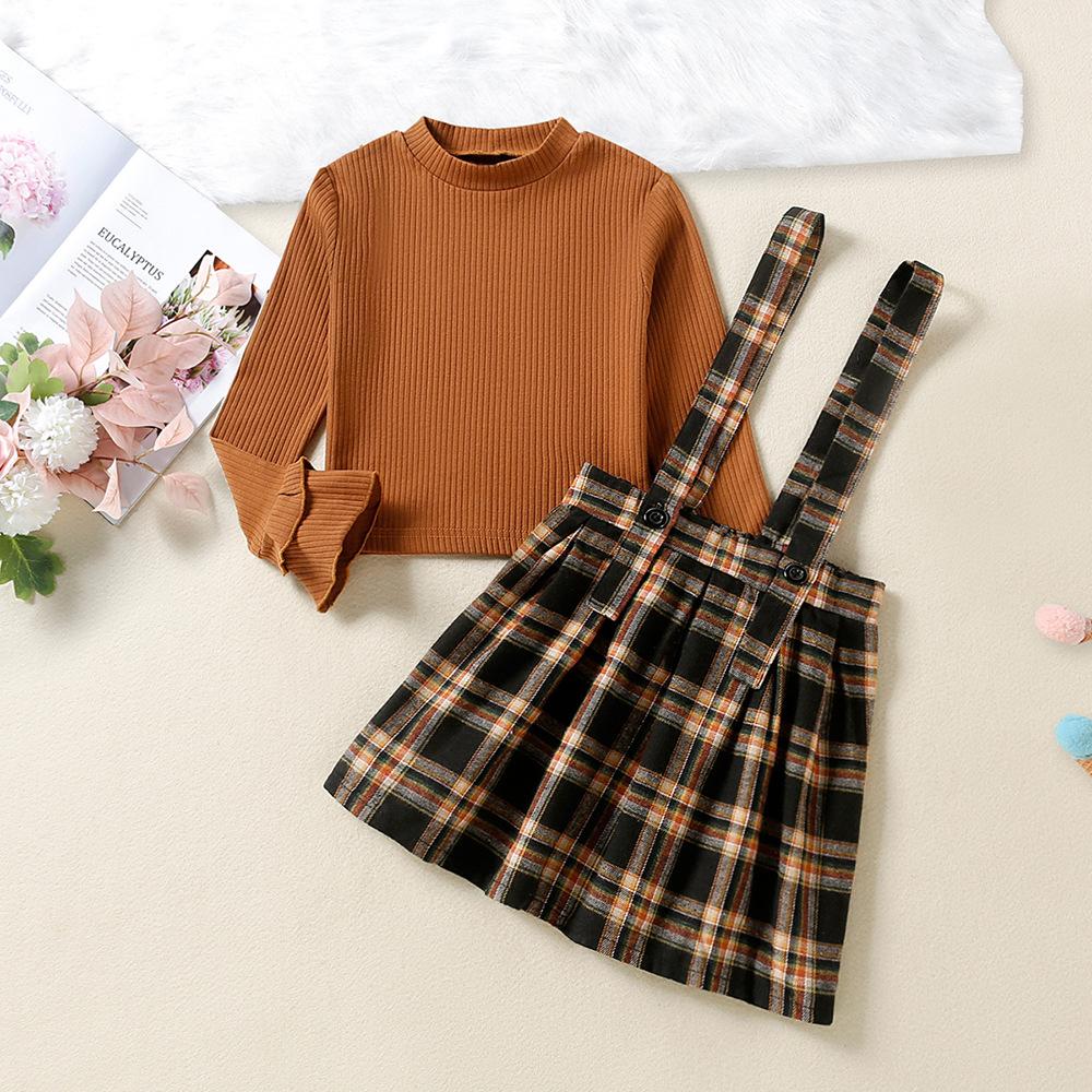 2pcs Girls Rib Knit Flounce Sleeve Stand Collar Tee Plaid Overall Dress