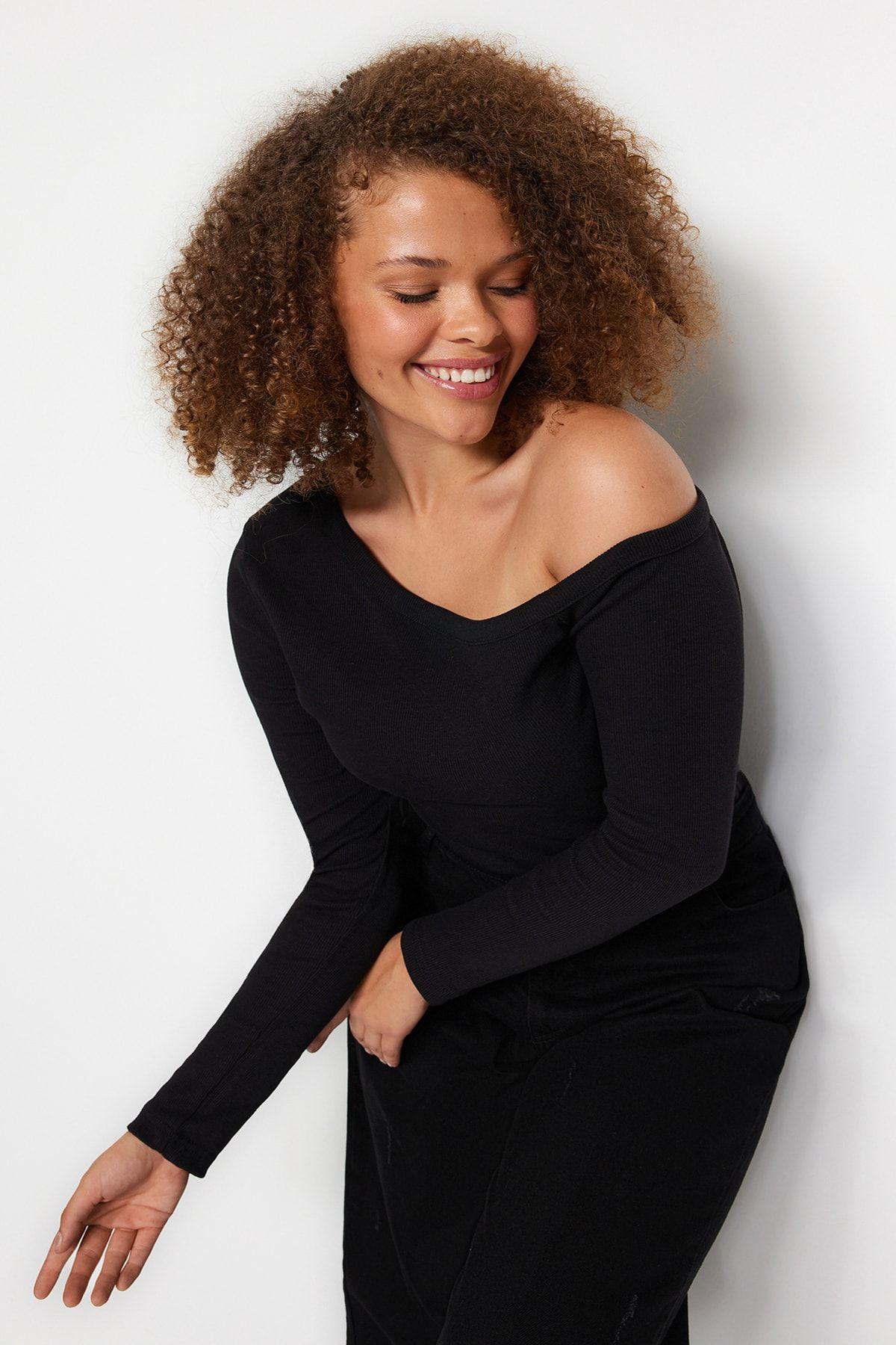 

Women s Plus Size Blouse Black Boat Neck Ribbed Knitted Blouse 2XL