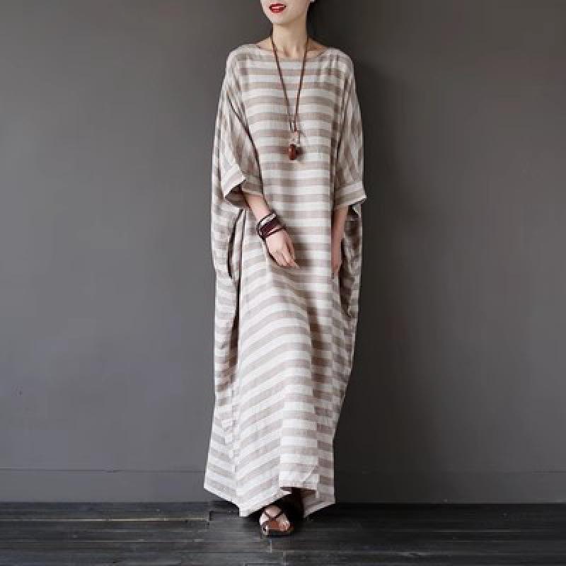2024 Spring Ethnic-Style Mid-Length Striped Cotton Linen Dress for Women