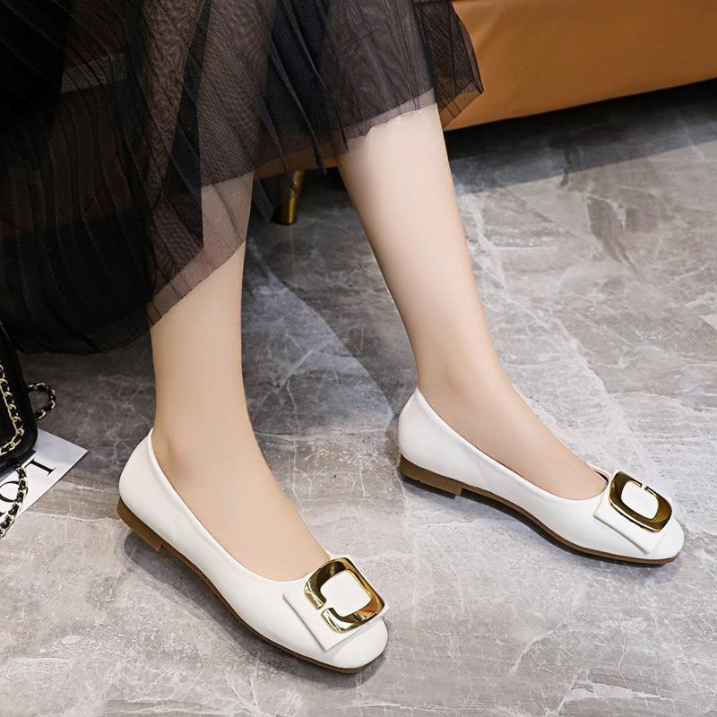 Beautiful square head thick heel single shoes women's popular new flat shoes soft sole square buckle light mouth ladyshoes